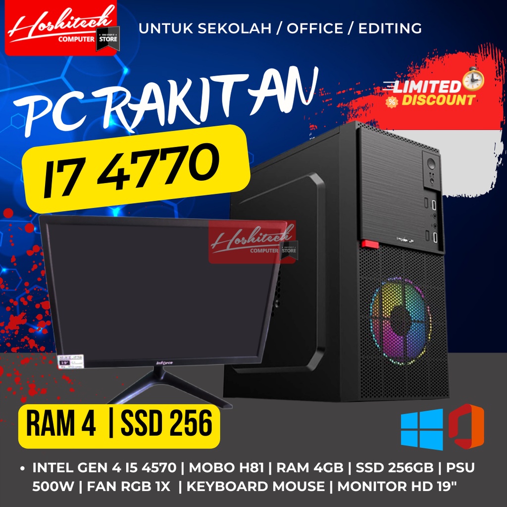 PC RAKITAN I7 INTEL 4770 RAM 4GB SSD 256GB MONITOR 19 INCH MURAH