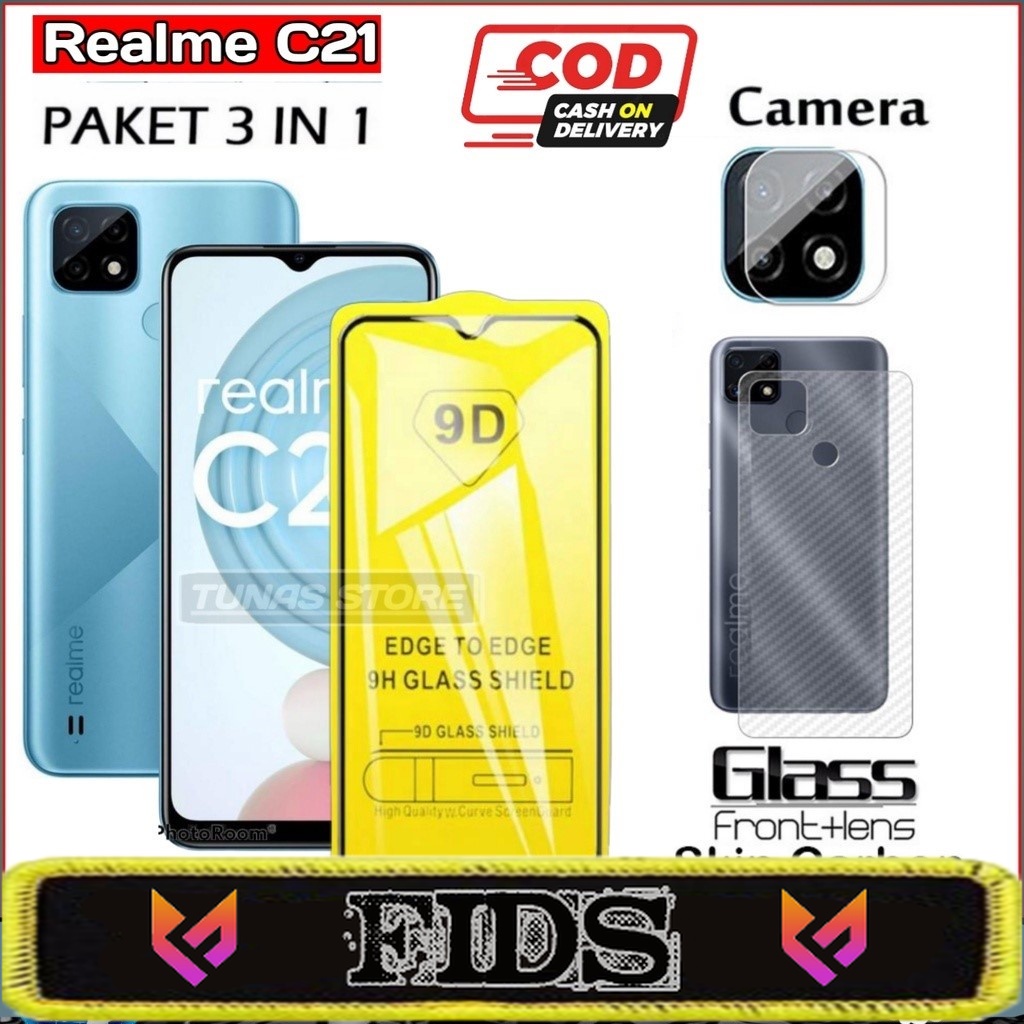 PROMO PAKET 3 IN 1 Realme C11 2021 Anti Gores Layar Free TG Camera &amp; Skin Carbon Sticer Anti Gores Body Belakang Handphone