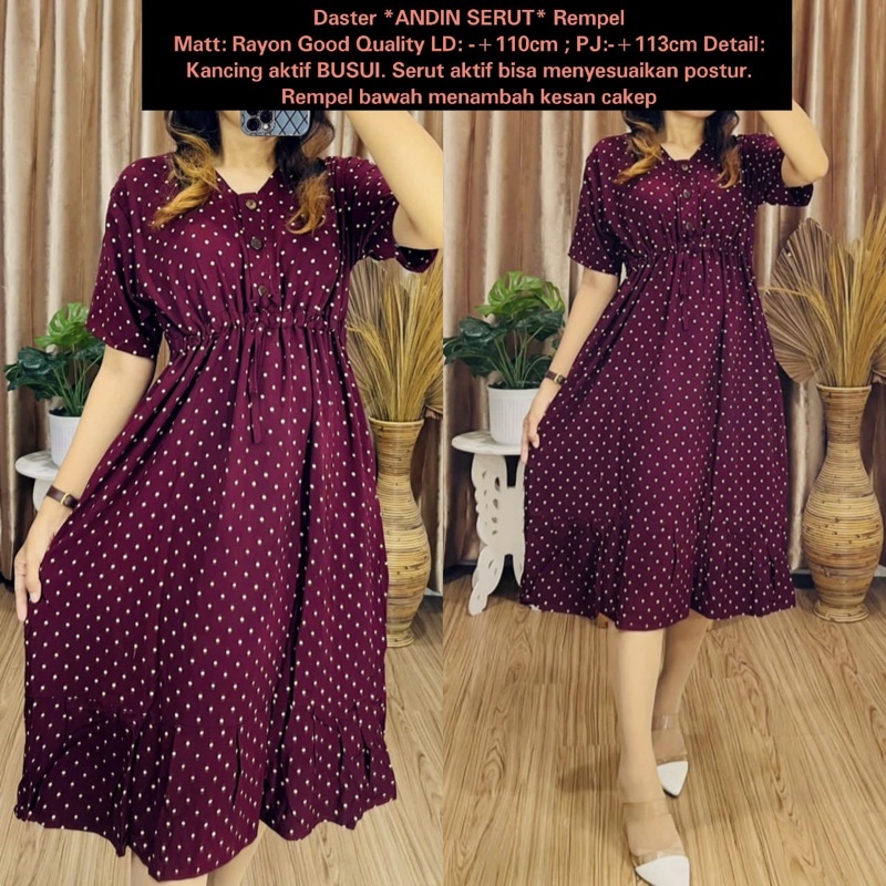 Daster Dress Serut Polka Rayon Adem Tebal Kancing Busui / Daster Andin Serut / Daster BUSUI / Daster Rayon Premium / Daster Rayon