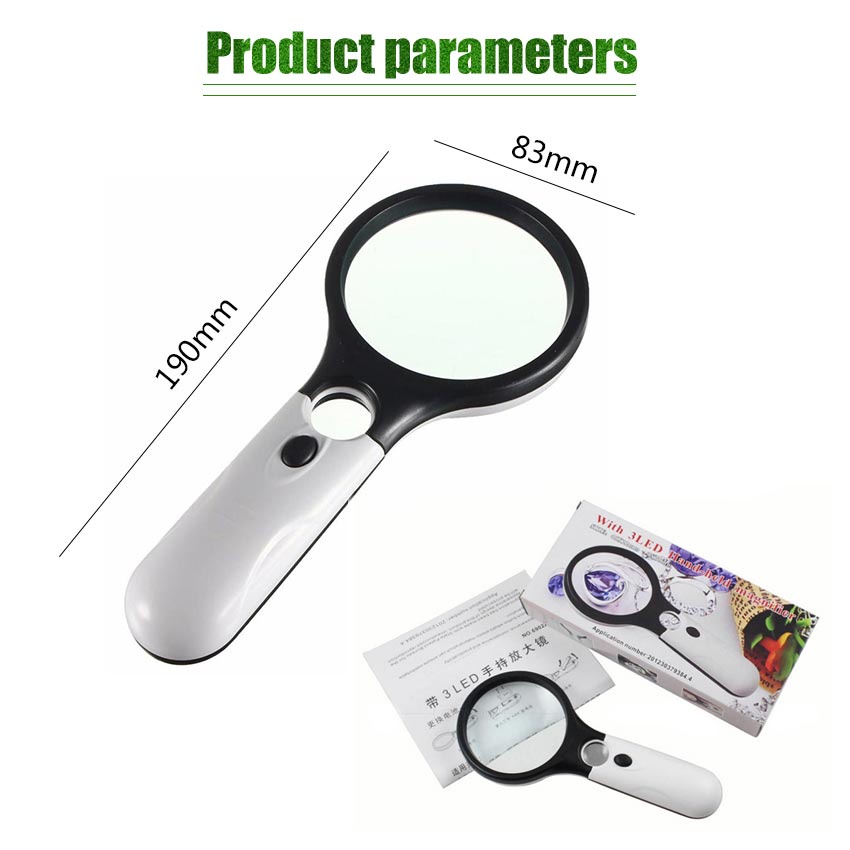 2in1 Kaca Pembesar Dengan Lampu 3 LED Magnifier Gelas Loop Magnifying Lup Zoom mata uang jewelry Baca 3X 45X 75mm 22mm