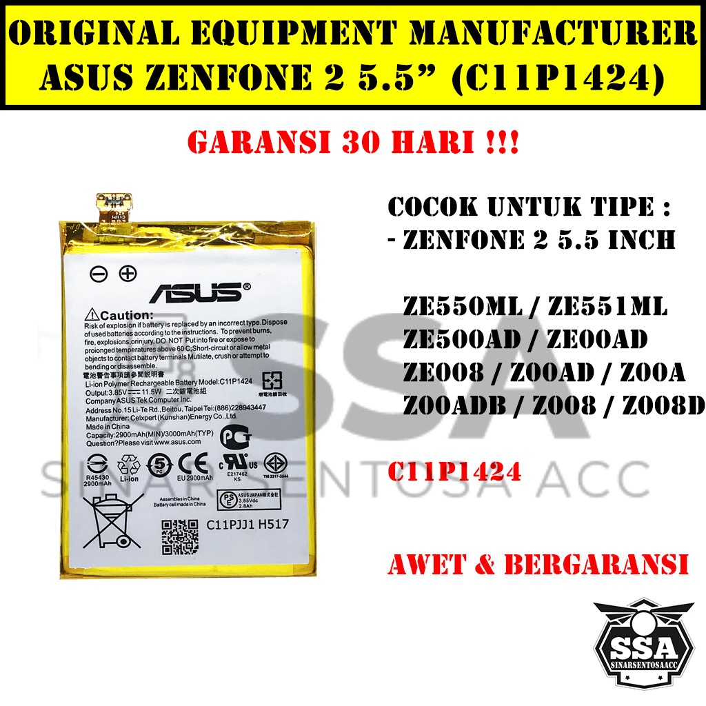 Baterai Original Asus Zenfone 2 5.5” C11P1424 ZE550ML ZE551ML Z00AD Z008D Z00ADB Z00A Z008 ZE008 ZE00AD ZE008 OEM Batre Batrai Batrei Battery Ori HP Batu Batere Garansi Murah Awet