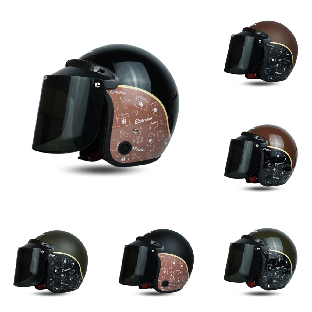 Helm Bogo Kopi Retro Untuk Dewasa SNI Kaca Datar Cembung Hitam