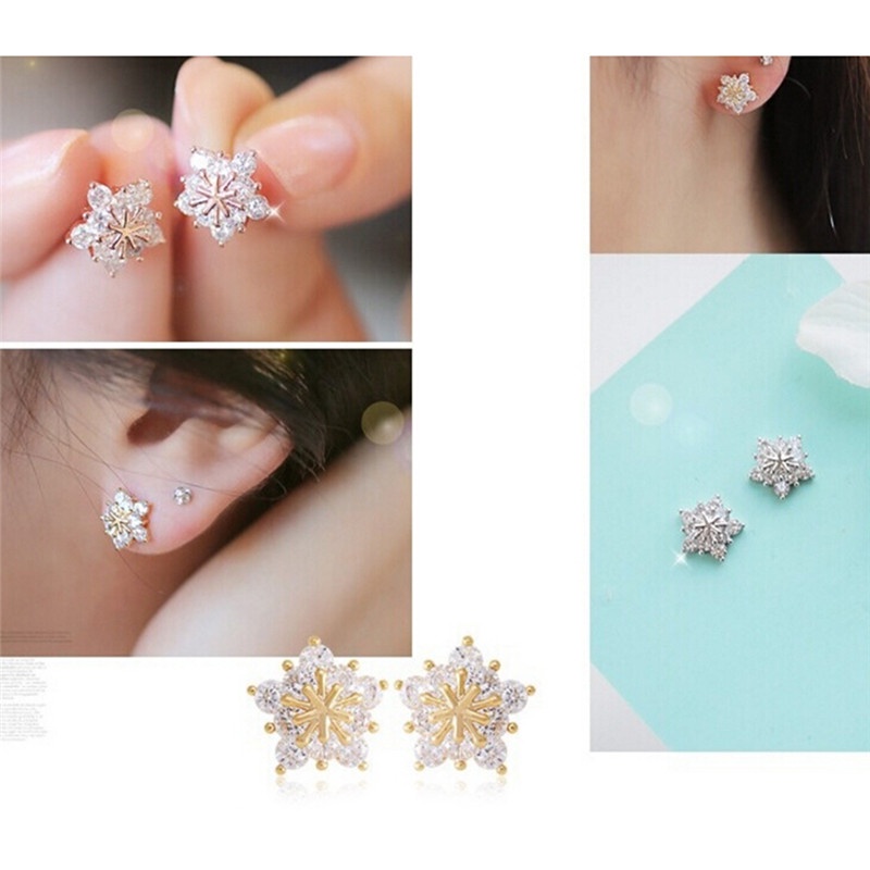 Anting Menjuntai Bentuk Bintang Snowflake Aksen Kristal