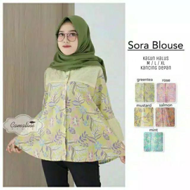 Sora Blouse Busana Atasan Batik Wanita Cantik Pastel Formal Casual High Quality Katun Pastel-Greentea / hijau