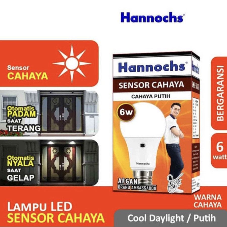 Lampu LED Hannochs Sensor cahaya 6w 6 watt menyala otomatis malam