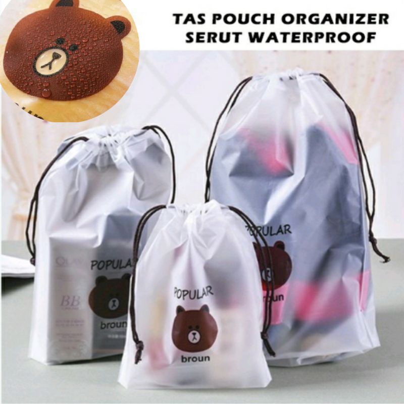 Travel pouch organizer travel bag tas kantong serut tempat penyimpanan alat make up mandi sepatu multifungsi anti air waterproof brown transparant