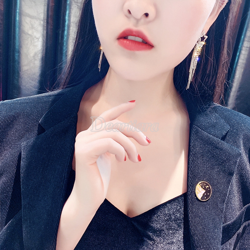 1 Pasang Anting Gantung Panjang Desain Bintang Hias Kristal / Berlian Imitasi Mewah untuk Wanita