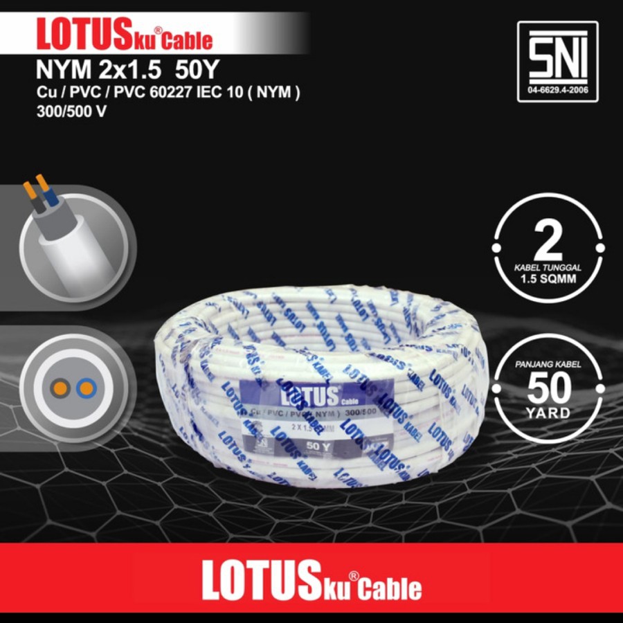 Kabel Listrik Kawat Tembaga Nym 2x1.5 &amp; 3x1,5 50Y Lotusku Lotus Powerlindo Orenchi Furano SPIN SNI 2x1,5