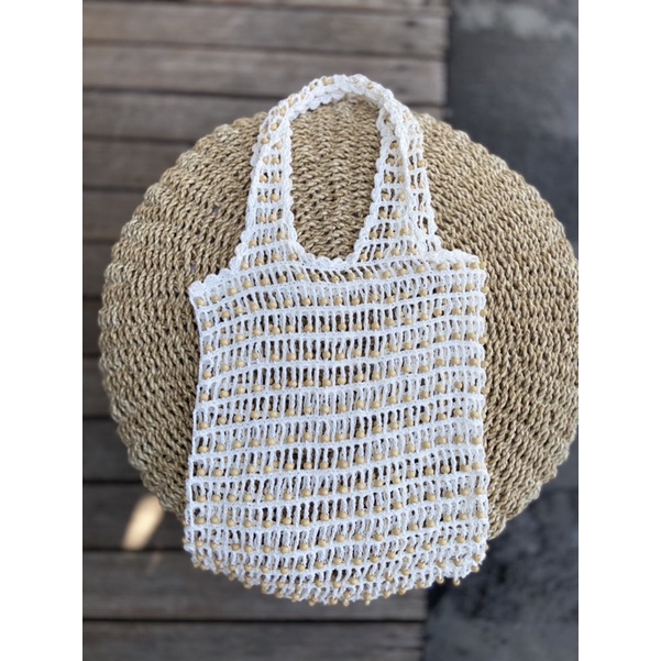 Tas Bali Tote Bag Bahan Katun Dan Manik Manik Kayu Kerajinan Tangan Murni Handmade Khas Bali