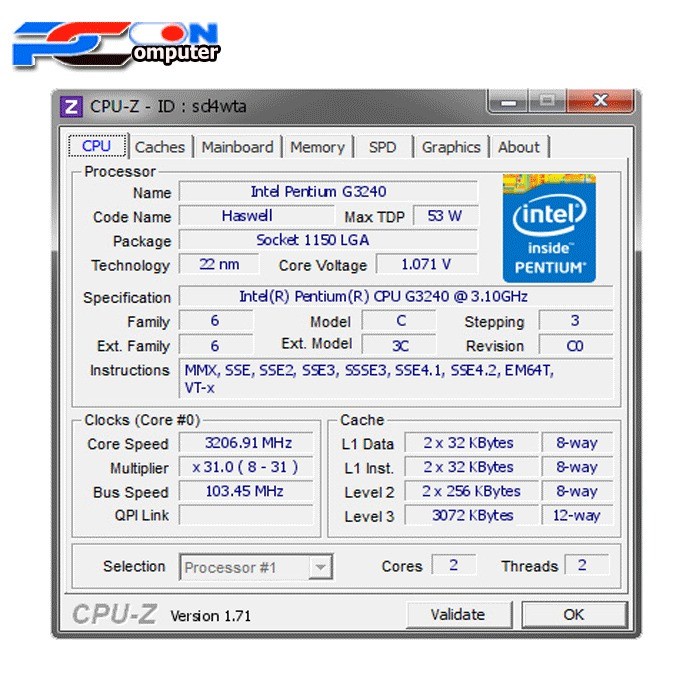 Processor Intel Pentium G3240 3.4GHz LGA 1150 DAN FAN INTEL