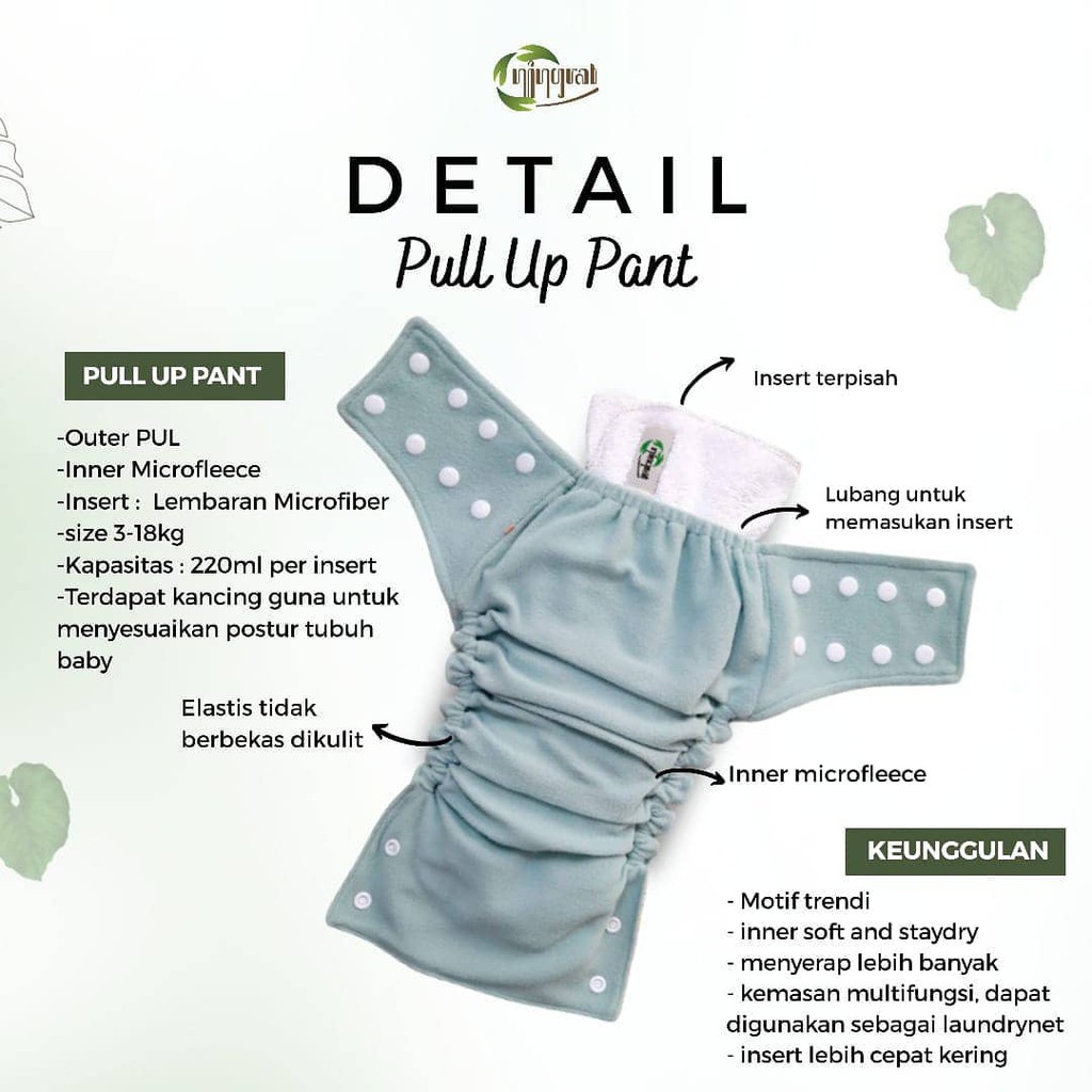 Ningrat Clodi Pull Up Pant - Insert Popok Kain Cuci Ulang Tipe Kancing Cloth Diapers dari Newborn