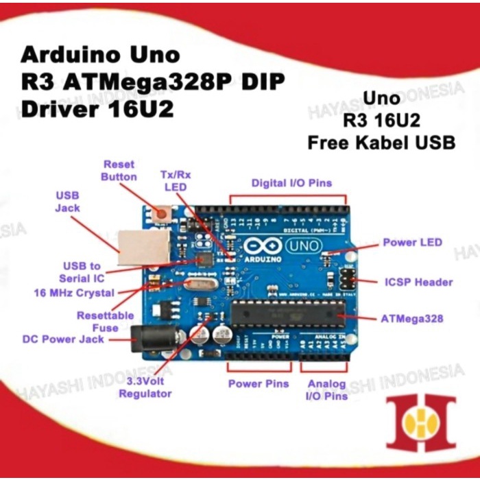 Arduino Uno R3 16U2 ATMEGA328P DIP + KABEL USB