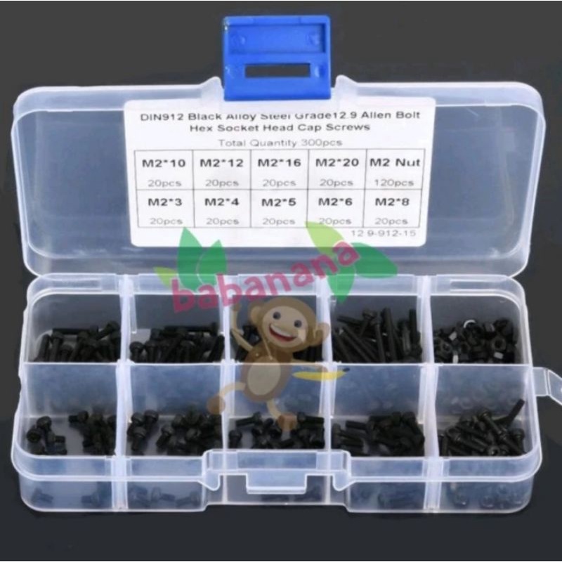 300pcs M2 cap head hexagonal socket screw nut kit carbon steel baut