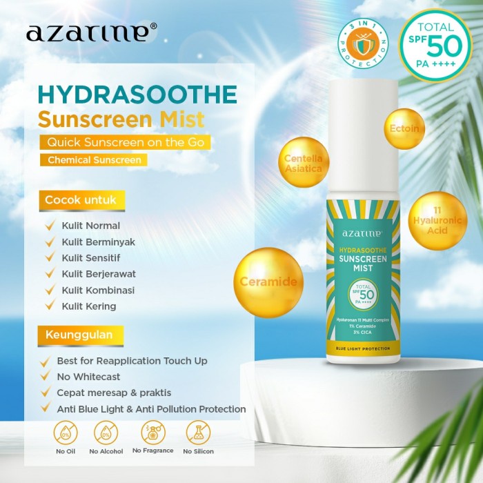 AZARINE Hydrasoothe Sunscreen Mist SPF 50 PA ++++ BPOM 60ML+ BLUE LIGHT PROTECTION