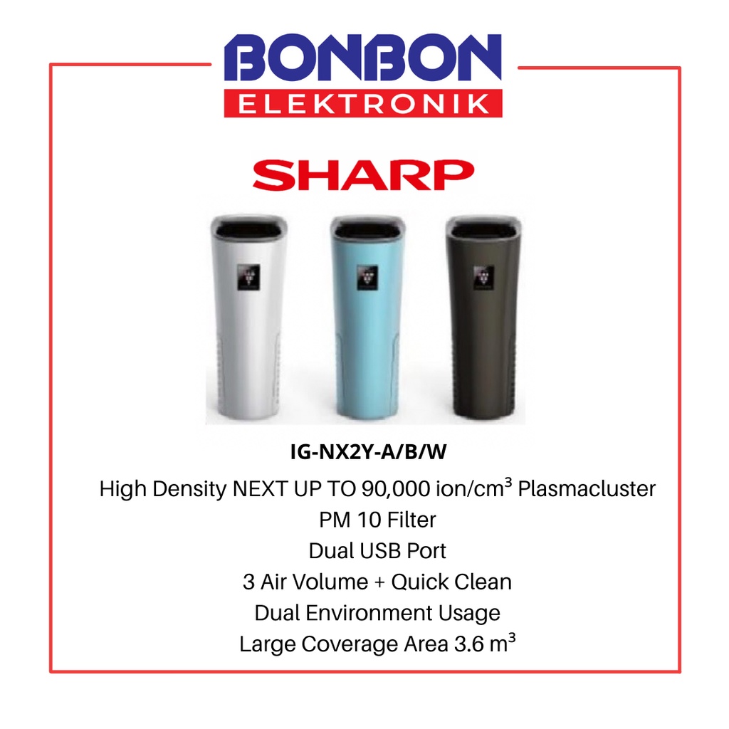 Sharp Car Air Purifier IG-NX2Y-A/B/W High Density NEXT Mobil 3.6m³
