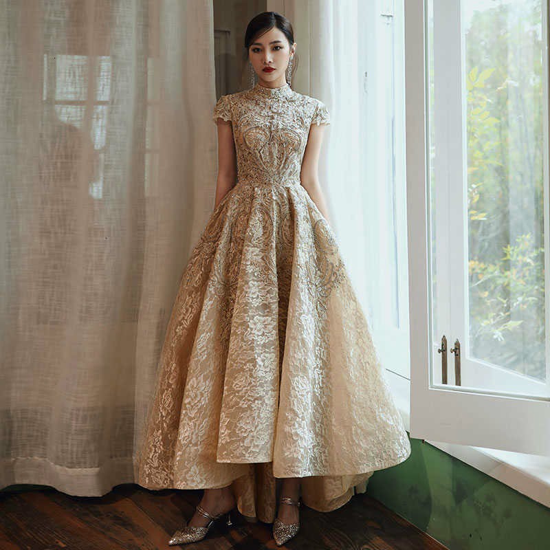 Evening Dress Gold High Collar 2020 Short Sleeve Lace Dress Evening Dress