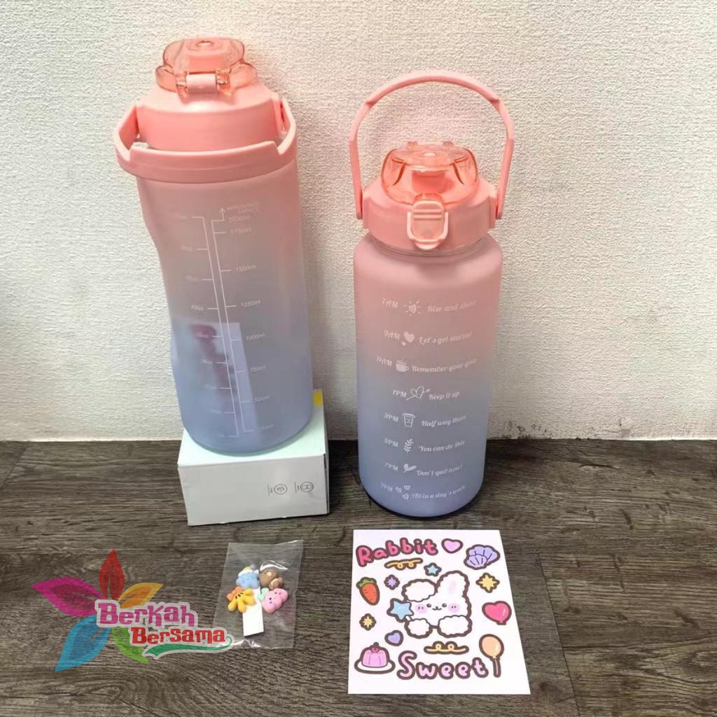 RT61 botol minum tumbler korea warna gradasi pelangi penanda waktu ukuran besar 2 liter 2000ml 2l BB6205