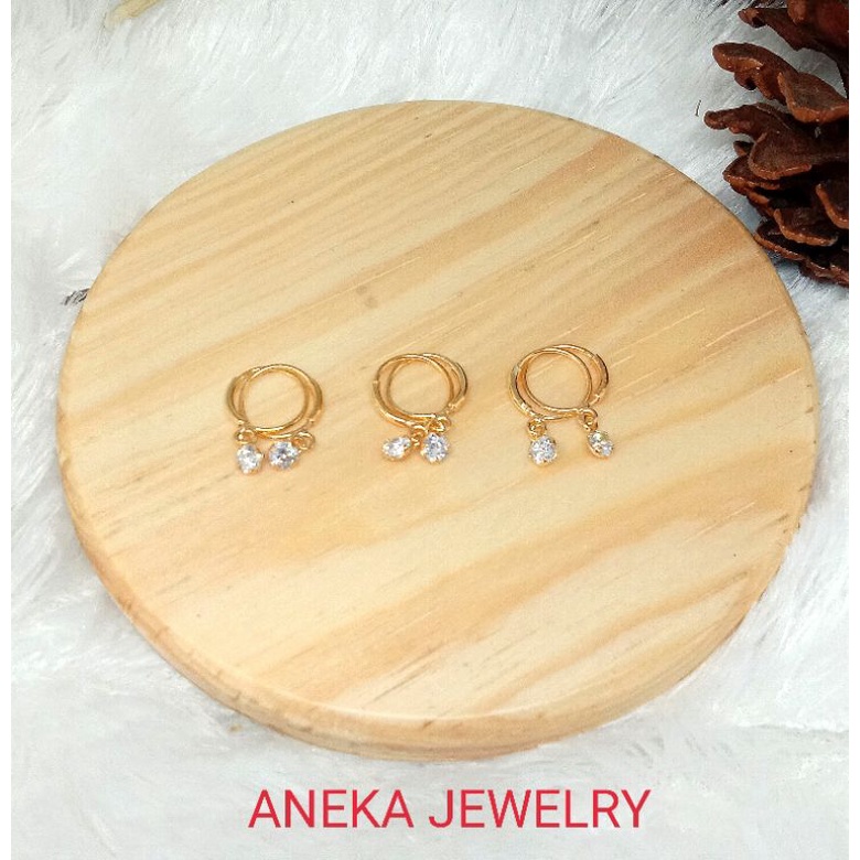 Anting knip mata 1 gantung, Perak 925, Sepuh Emas Kuning