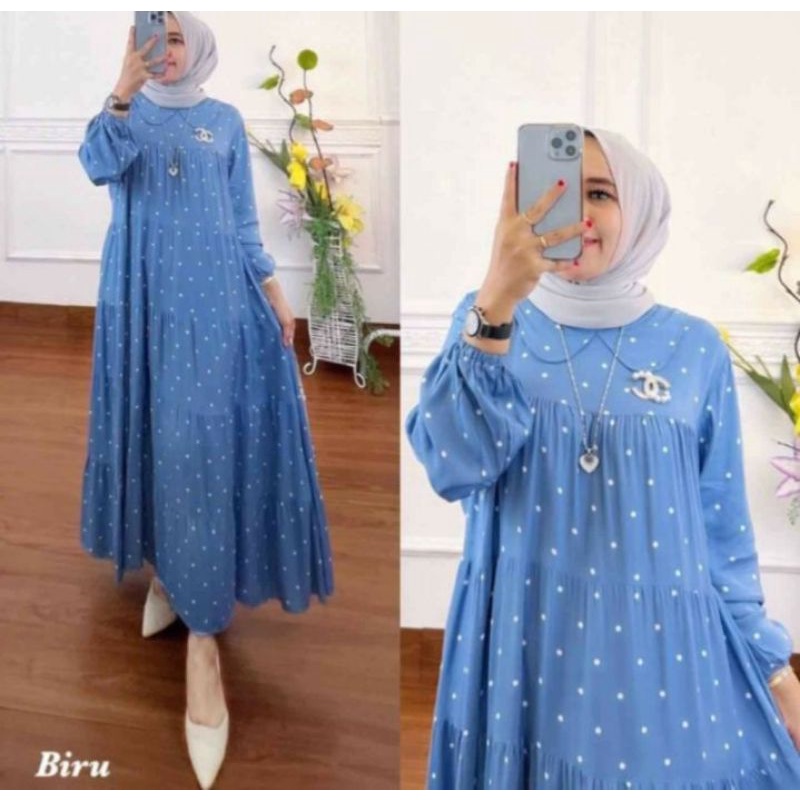 Pakaian Wanita Gamis midi Rayon Chanel Motif Polka Terbaru Free Bross