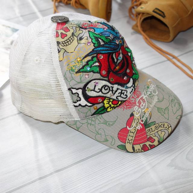 Ed Hardy By Christian Audigier Topi Trucker Motif Bordir Original Preloved Second Bekas Branded