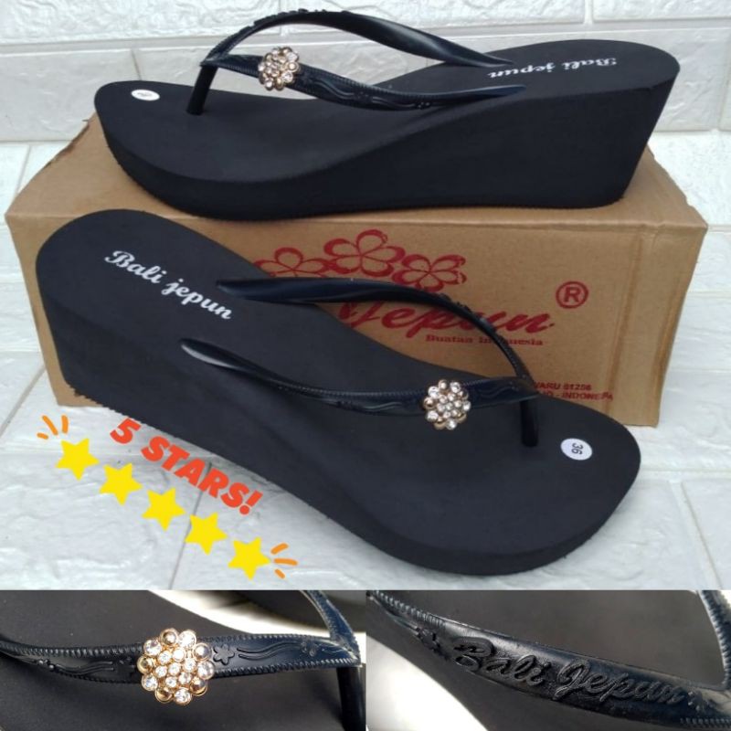 Sandal Wedges Bali Jepun Hitam Flat Dan Hak 5cm GARANSI ORI. COD via J&T