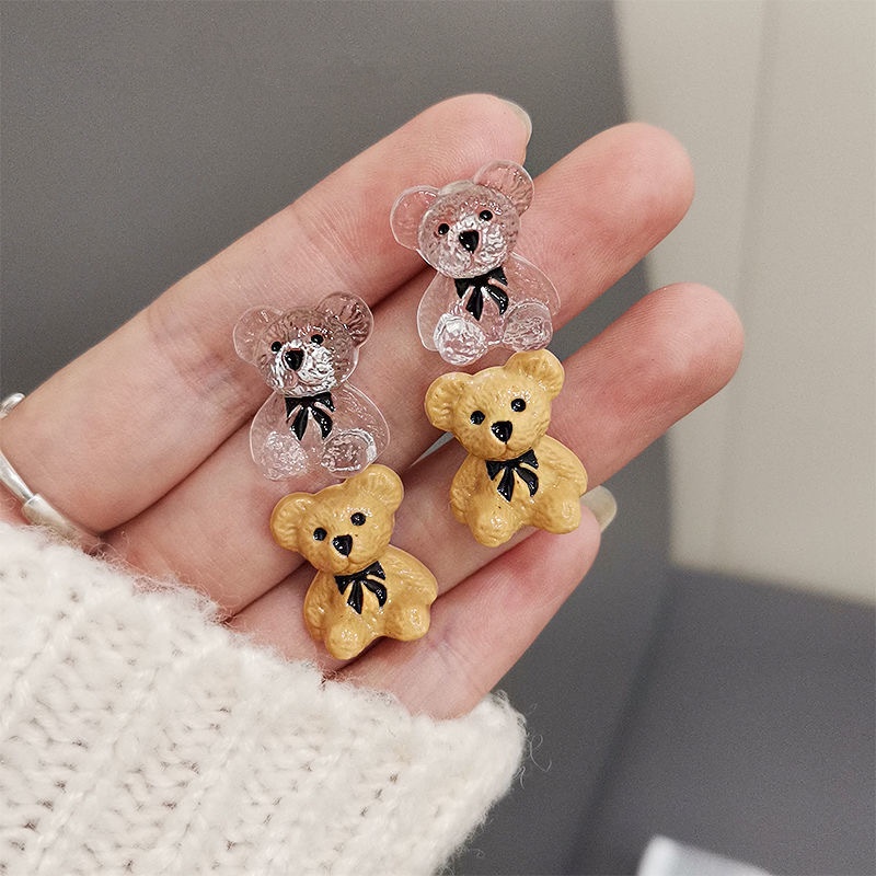 Anting Desain Kartun Beruang Coklat Bahan Resin Transparan Gaya Korea Untuk Wanita