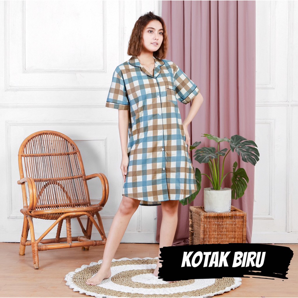 PIYAMA KATUN WANITA - KOTAK / BAJU TIDUR PEREMPUAN / WOMAN PAJAMAS / KOTAK WINE / KOTAK BIRU