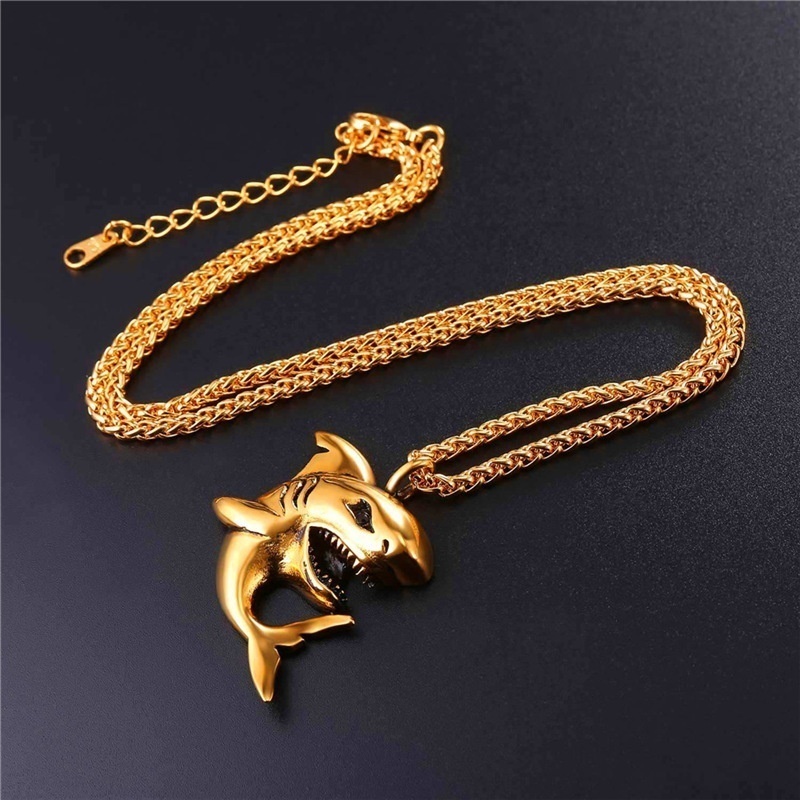 Kalung Liontin Bentuk Hiu Warna Silver / Gold / Hitam Gaya Rock Hip Hop Untuk Pria