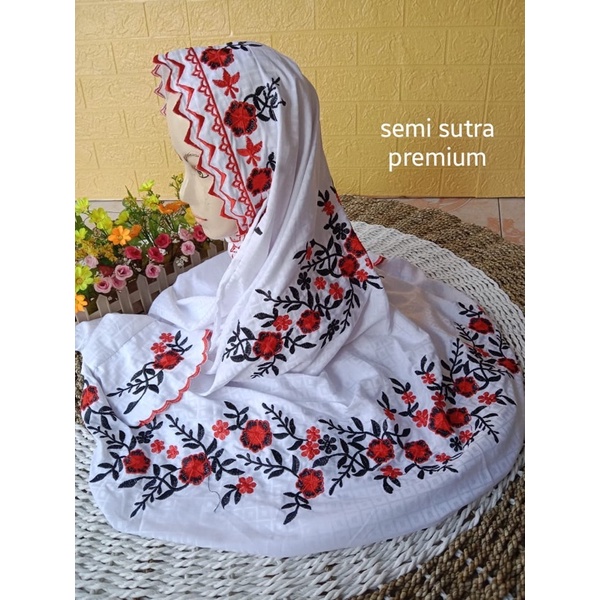 (best seller) mukena bordir kudusan motif bunga Fatya, Terusan dewasa Bahan semi Sutra Premium (Adem