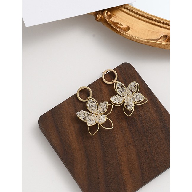 LRC Anting Tusuk Fashion Gold Coloren Hollow Crystal Flower Earrings P13229