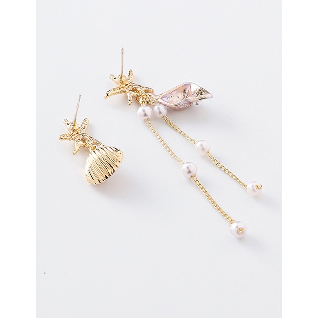 LRC Anting Tusuk Fashion 925 Silver Needle Starfish Shell Conch Fringe Asymmetric Earrings F7677X