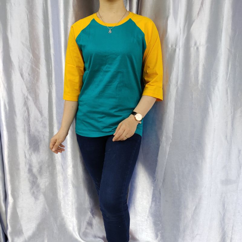 kaos polos reglan TOSCA-KUNING lengan 3/4 uk 20 22 S M L XL XXL