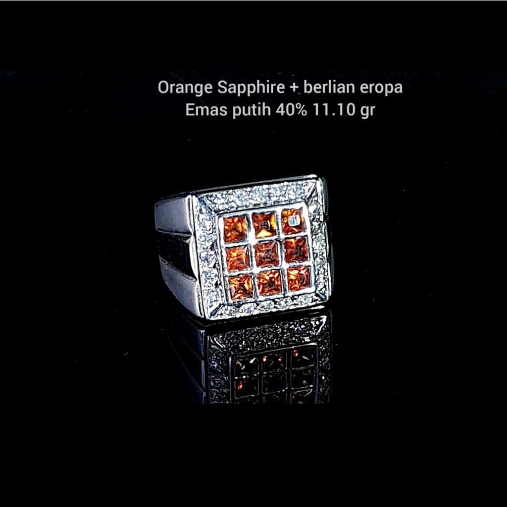 Cincin pria orange safir + berlian asli bahan emas putih kode 1089