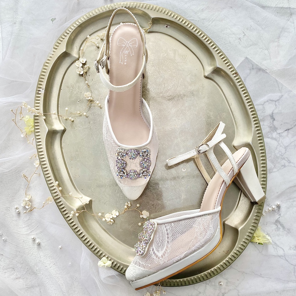 Ivory White Sandal Sepatu Wedding Wanita Block Heels AVEDA