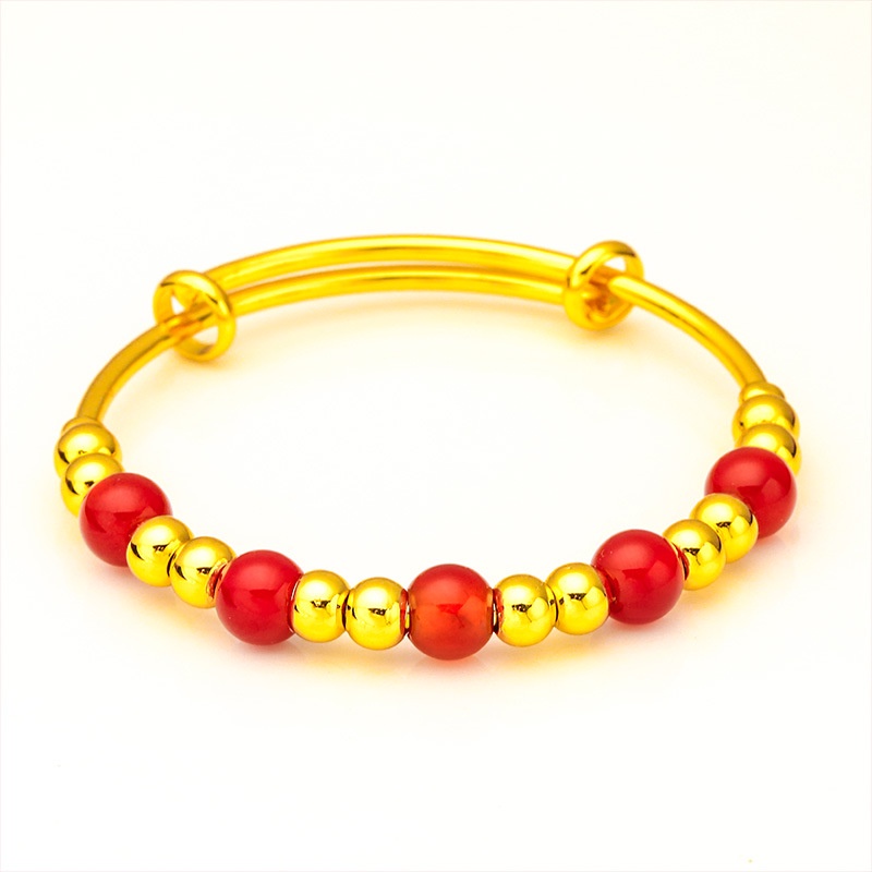 Goldkingdom Fashion Perhiasan Emas Asli Kadar 375 Bangkok Aksesoris Ready Stock 8mm Agate Adjustable Gelang Dorong Tarik Lebar Gelang Agate Wanita