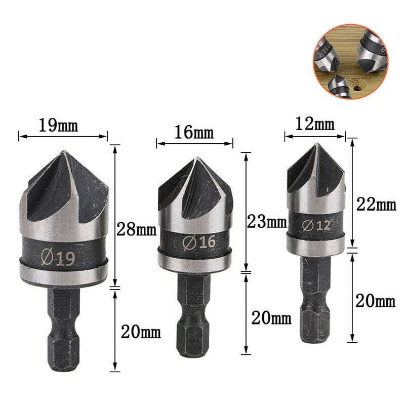 Mata Bor Countersink Set 3pcs Carbon Steel HSS Black Grey 12-16-19mm Hitam Silver Countershink Drill