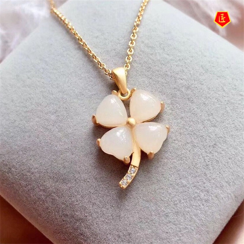 [Ready Stock]White Jade Four-Leaf Clover Pendant Fashion Necklace Birthday Gift