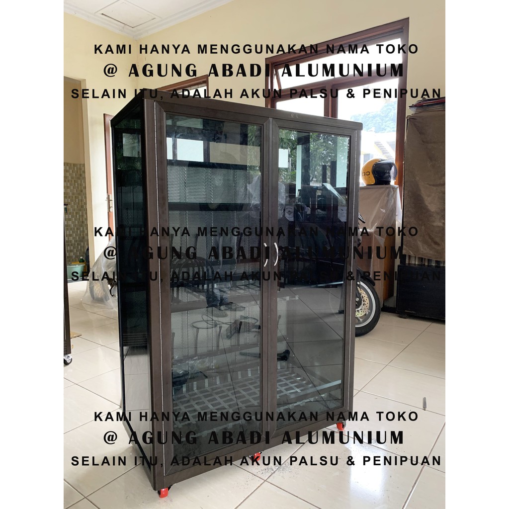 Lemari / Rak Piring Alumunium Model Fullbox Cokelat Kaca Ryben
