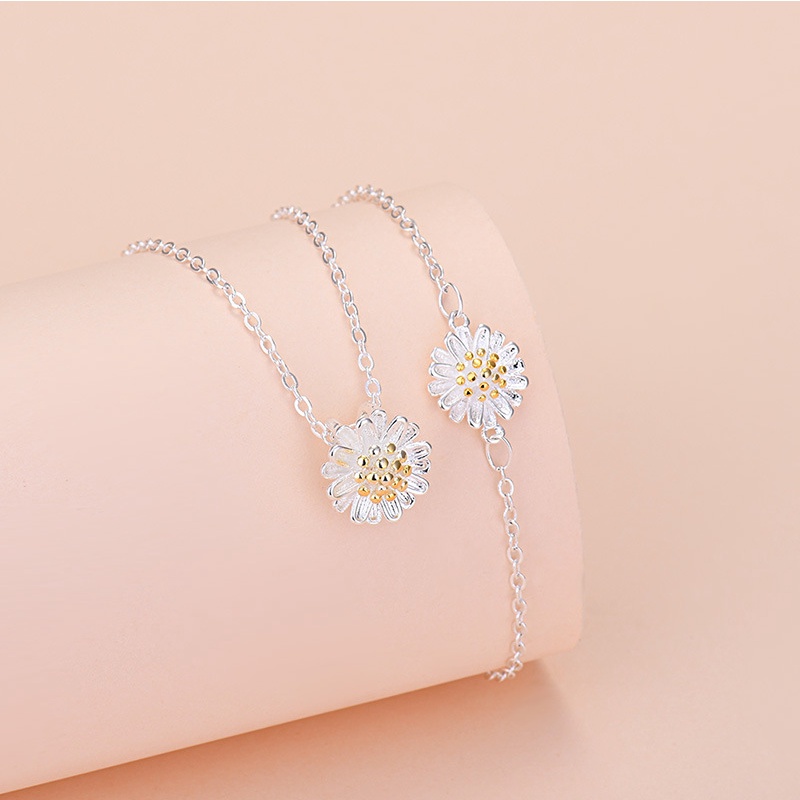 Set Perhiasan Kalung Anting Cincin Gelang Model Terbuka Dapat Disesuaikan Dengan Liontin Bunga Aster Untuk Wanita