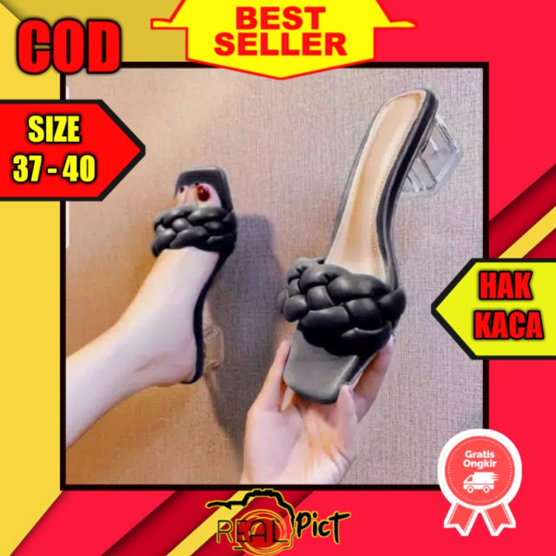 Sandal Sendal Hak Heels Kaca Wanita Hitam 5cm Sandal Hils Hells Heel Tali Hak Tinggi Tahu Putih High