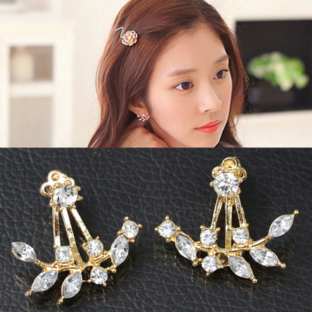 Hu Hu Hu Hu Hu Alat Bantu Pasang Kacamata♡ Anting Stud Desain Cabang Daun Aksen Berlian Imitasi Gaya Elegan Untuk Wanita