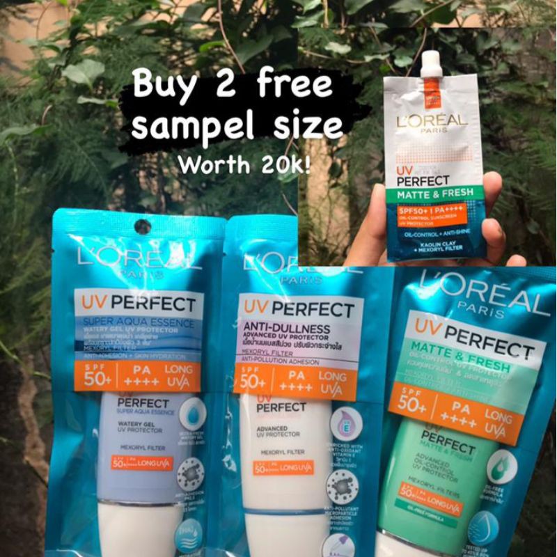 Loreal sunscreen spf 50 UV MATTE, AQUA ESSENCE, DAN ANTI DULLNESS 30ml