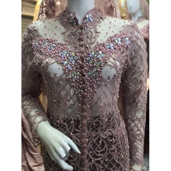 Kebaya Pengantin Full Payet Seluruh Badan Sampai Ekor, Warna Rose Gold, Hijau Wardah ( Tanpa Kain)