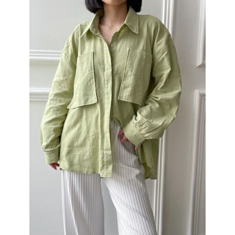 Kemeja Oversize Linen Wanita - Linen Crinkle Shirt - Atasan Wanita Lengan Panjang 9902