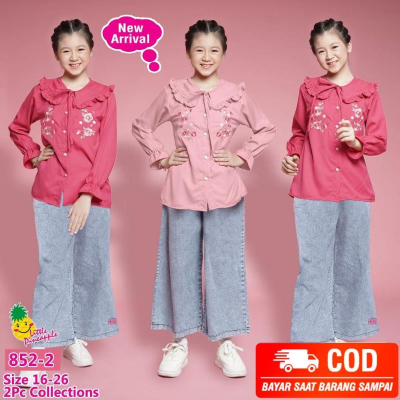 LITTLE PINEAPPLE || SETELAN PANJANG REMAJA PEREMPUAN ATASAN KEMEJA MOTIF BORDIR BUNGA BAHAN SHAKILA 