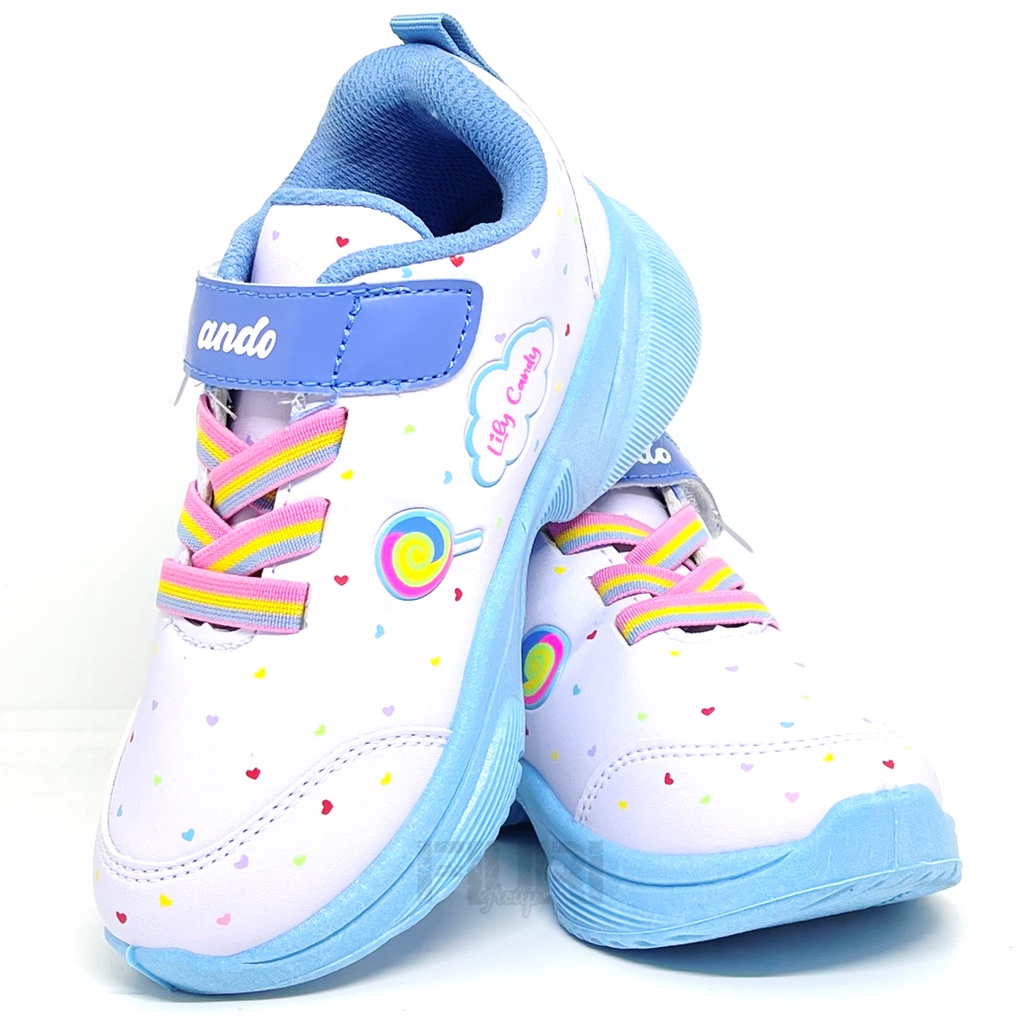 FIURI - ANDO ORIGINAL -  LILY CANDY PEREKAT 29-32 PUTIH BIRU UNGU PINK  - SNEAKERS KANVAS SOL KARET ANAK KECIL PEREMPUAN  - SEPATU PERMEN LOLIPOP KETS LUCU FASHION TRENDY - SEPATU SEKOLAH PAUD TK KRETEKAN PEREKAT CEWEK MURAH PROMO DISKON BONUS KAOS KAKI