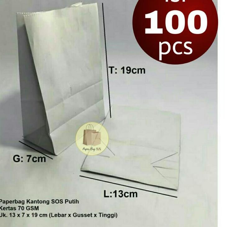 

Pasti Puas Paperbag SOS Kantong Kertas Putih 13x7x19 cm (ukuran Roti Boy) (isi 100 pcs)