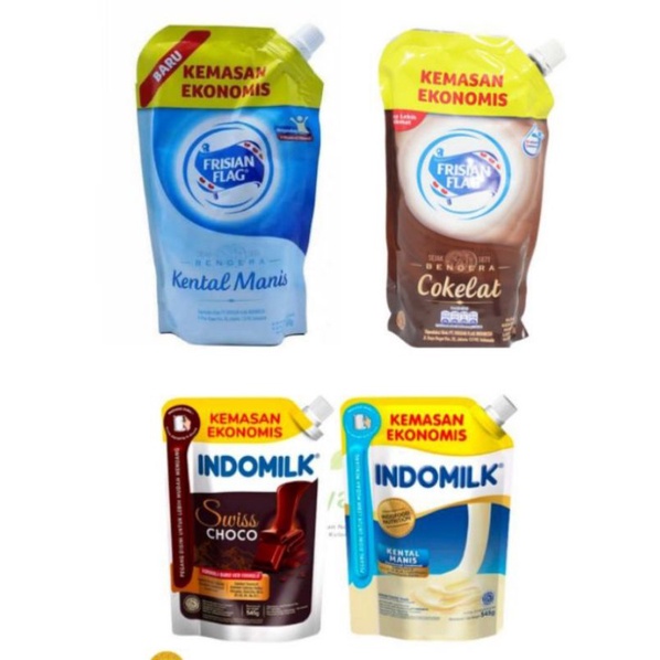 

susu kental manis Frisian flag kemasan pouch 560g dan indomilk kemasan pouch 545g