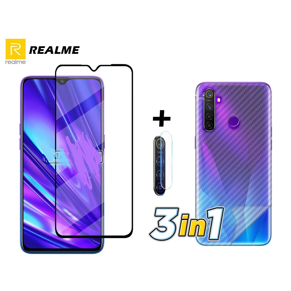 PROMO 3 IN 1 PAKET Tempered Glass Realme 5 pro 5i 5s Free Tempered Glass Camera dan Skin Carbon anti gores kaca pelindung kamera