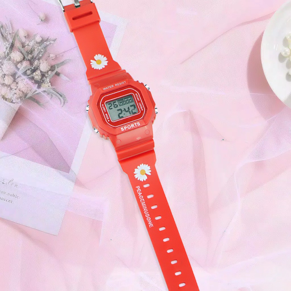 JAM TANGAN DIGITAL RUBBER PRIA / WANITA SEGI DW-5600 GROSIR KARET RUBBER SPORT LED KOREA SPORT ELEKTRONIK MOTIF BUNGA DAN POLOS STYLE COUPLE ANAK ANAK / REMAJA WATCHBRANDS  MURAH JF052 / C8-BUNGA MERAH